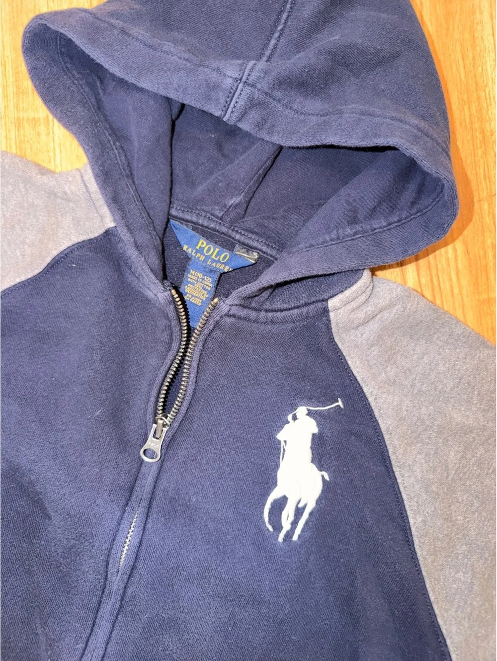 Polo Ralph Lauren Navy Grey Color Block Zip Hoodie Big Pony Kids Size L